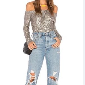 BAILEY 44 OFF THE SHOULDER SEQUIN TOP SMALL TAUPE ANTIQUE GOLD SILVER